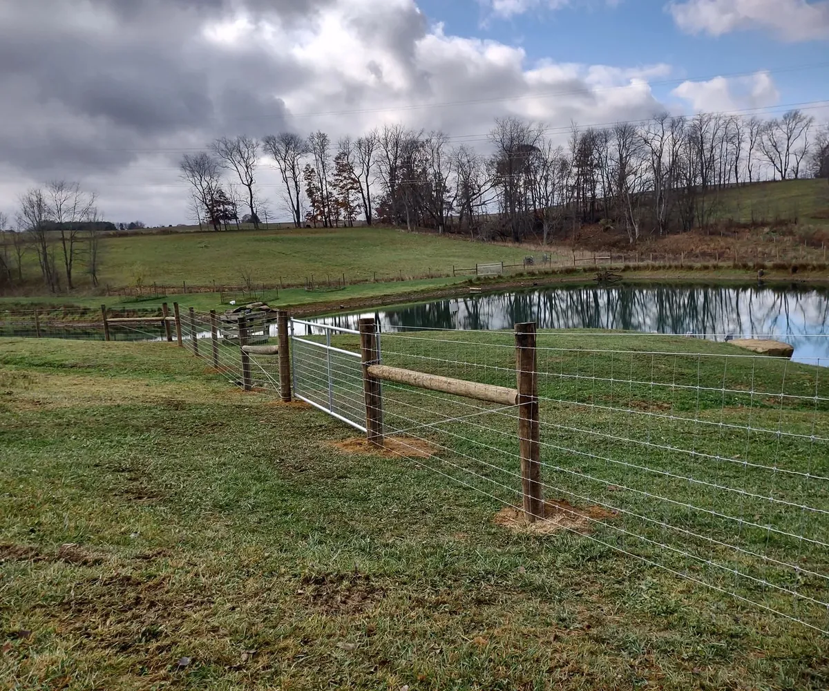 Woven wire fence beside a pond
